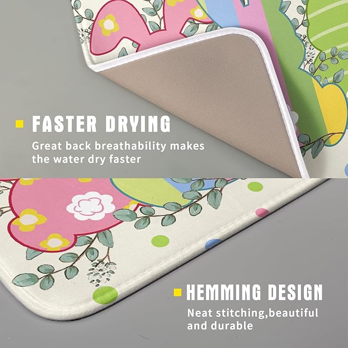 Easter Dish Drying Mat for Kitchen Counter Cute Bunny Rabbit Festival Seasonal Absorbent Reversible Microfiber Kitchen Countertop Protector Dishes Pad Large 16x18 inch