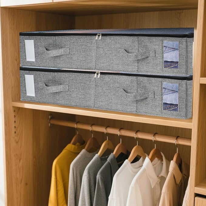 combocube 2 Pack Under Bed Storage Containers, Stackable Closet Organizers and Storage Bins with Sturdy Support, Foldable Underbed Clothes Storage Box for Blanket, Comforter, Sweater, Pillows, Shoes