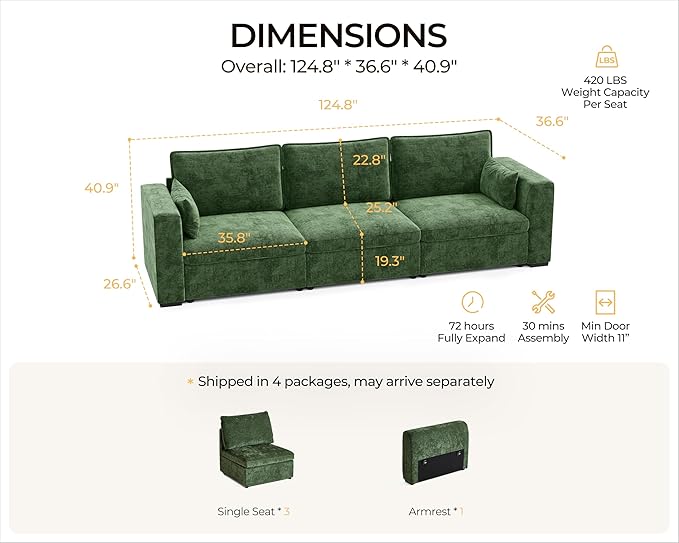Oversized Modular Sofa Comfy Cloud Couch with Storage, Extra Deep Plush Sectional Sofa Set for Living Room, Covers Washable, Chenille, Olar (Green, 3-Seater, Basic Shape)