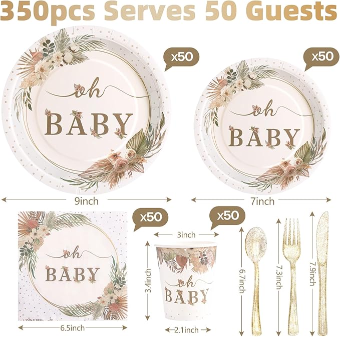 350 Pcs Boho Baby Shower Decorations for Girl, Baby Shower Plates and Cups and Napkins Sets, Oh Baby Plates for Western Sweet Baby Girl, Summer Fall Gender Neutral, Serves 50