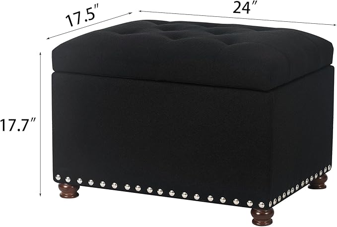 Joveco Storage Ottoman Bench, Rectangle 24″ Linen Foot Rest Stool Square Footstool for Living Room, Bedroom, Black