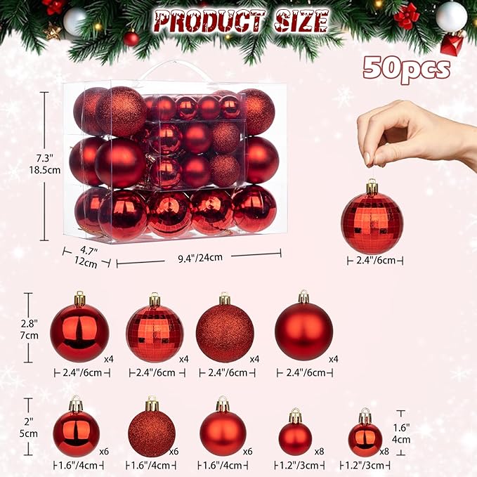 50pcs Christmas Ball Ornaments Red Shatterproof Christmas Tree Ball Decorations Xmas Tree Large Christmas Ornaments Balls with Hanging Loop for Christmas Wedding Holiday Party Wreath Home Decor