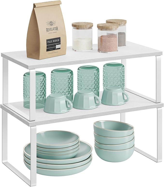 SONGMICS Cabinet Organizer Shelf, Set of 2 Kitchen Counter Shelves, Kitchen Storage, Spice Rack, Stackable, Expandable, Metal and Engineered Wood, Cloud White and Snow White UKCS025W01