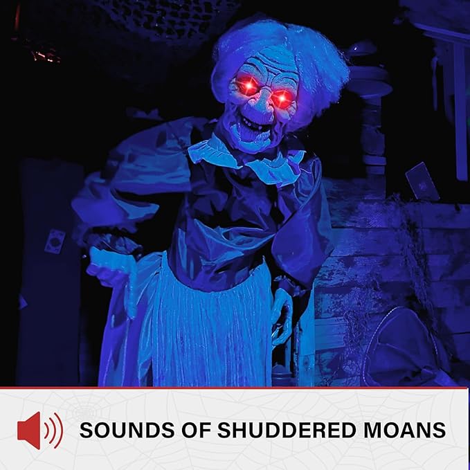 Haunted Hill Farm Lifesize Animatronic Scary Old Lady Zombie with Motion Activated Lights and Sound, Battery-Operated Indoor or Covered Outdoor Halloween Decoration