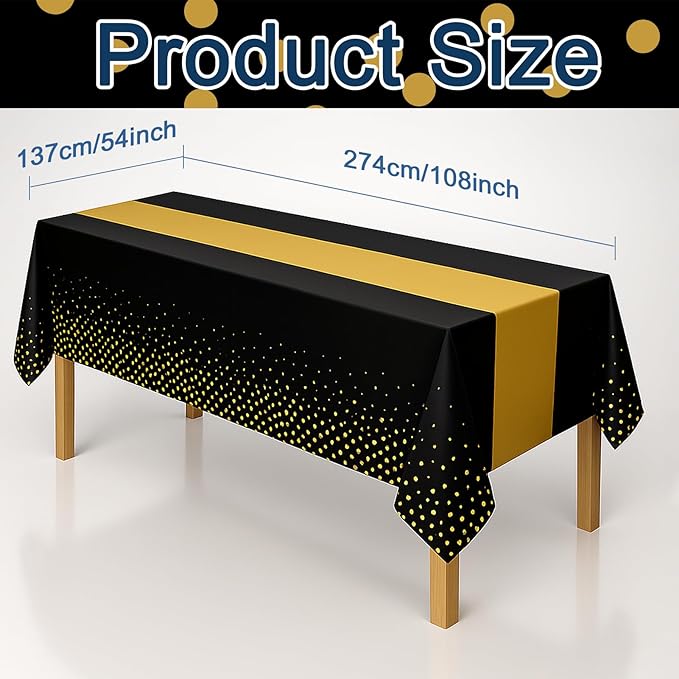 3Pcs Graduation Tablecloth,Graduation Decorations 2025,Black and Gold Retirement Party Decorations for Rectangle Tables,54"x108" Disposable Plastic Table Cloth for Congrats Grad Party Birthday Wedding