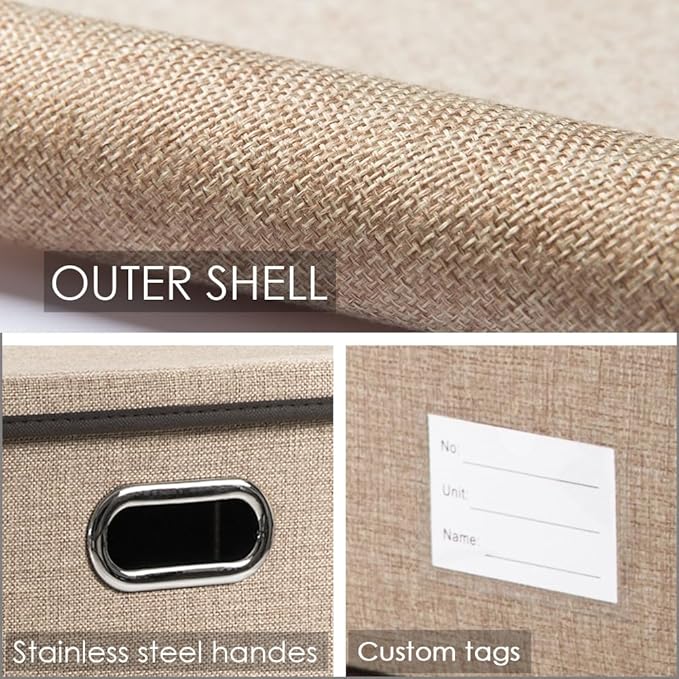 PRANDOM Storage Bins with Lids [3-Pack] Jute Fabric Foldable Storage Boxes Organizer Containers Baskets Cube with Cover for Home Bedroom Closet Office Nursery khaki（23.4X15.9X11.5