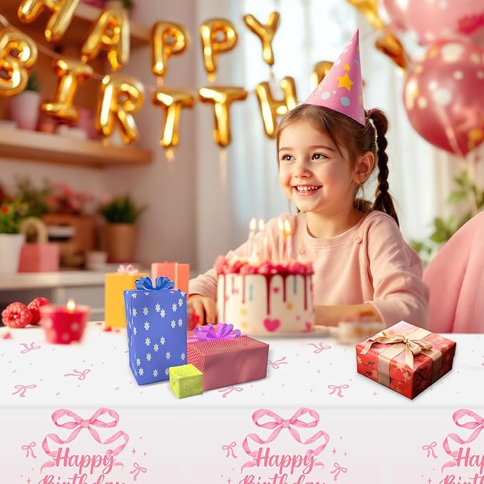 3 Pack Coquette Pink Bow Plastic Tablecloth, 54 X 108Inch Disposable Pink Bow Table Cloth for Rectangle Tables Waterproof Table Cover for Girls Bridal Wedding Birthday Party