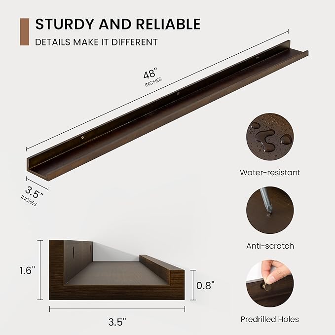 Picture Ledge Shelf, Solid Pine Wood Floating Shelves Set of 2, 48 Inches Nursery Book Shelves for Toys Storage, Kids Bookshelf Wall Mounted for Living Room Bedroom Decor Books Photo Frames, Walnut