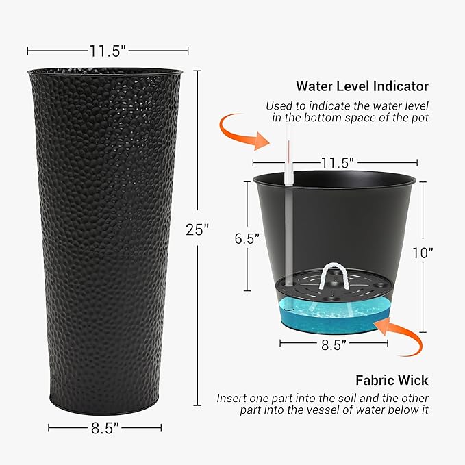 Worth Garden 2-Pack 25" H. Metal Planter with 2X Inside Pots - Hand-Hammered Texture Tall Tapered Plant Pots - Large Handcrafted Flower Pot for Indoor Outdoor, Deck, Patio, Front Porch (Black)