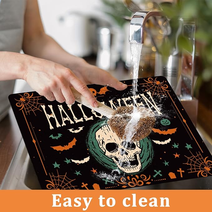 Halloween Placemats Set of 6 Gothic Bat Plastic Table Mats Pumpkin Witch Skull Ghost Halloween Place Mats Washable Vinyl Rustic Table Decoration for Indoor Outdoor Party Kitchen Dining