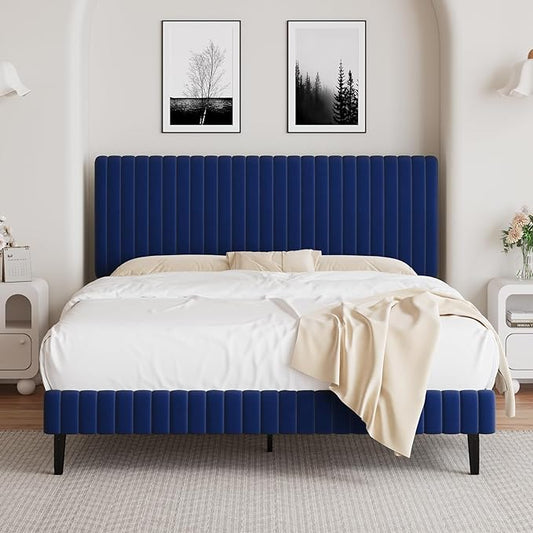 Full Size Bed Frame, Velvet Upholstered Platform Bed with Vertical Channel Tufted Headboard and Footboard, No Box Spring Required, Easy Assembly, Blue