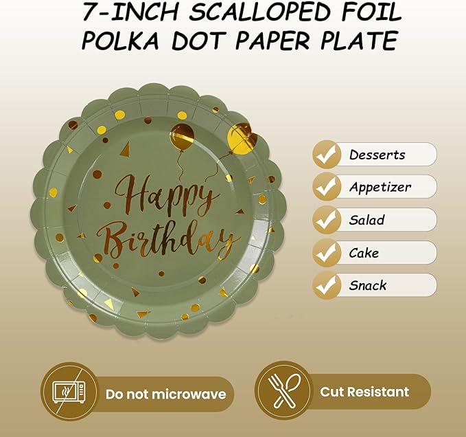 50PCS Sage Green and Gold Happy Birthday Paper Plates, 7 Inch Scalloped Disposable Birthday Dessert Cake Plates Metallic Foil Polka Dots Party Supplies for Birthday's Decorations