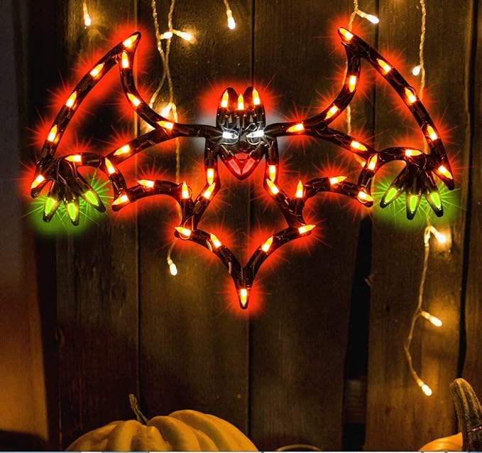 13.3" Lighted Bat Halloween Window Silhouette Decoration,Halloween Lighted Window Decoration,Hanging Light Up Holiday Ornament (Bat Light)