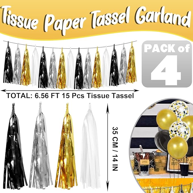 4P Navy-Blue White-Gold Foil Fringe Metallic Tassel-Garland, Tassels Banner Streamers for Parade Floats, Bachelorette, Wedding, Birthday, Halloween, Christmas, Bridal/Baby Shower Party Decorations