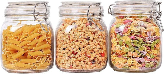 ComSaf Airtight Glass Canister Set of 3 with Lids 34oz Food Storage Jar Square - Storage Container with Clear Preserving Seal Wire Clip Fastening for Kitchen Canning Cereal,Pasta,Sugar,Beans,Spice