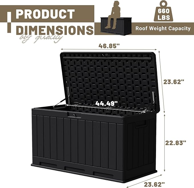 JUMMICO 90 Gallon Waterproof Resin Deck Box, Double Wall Outdoor Storage Box with Lockable Lid for Garden Tools, Patio Cushions, Pools (Black)