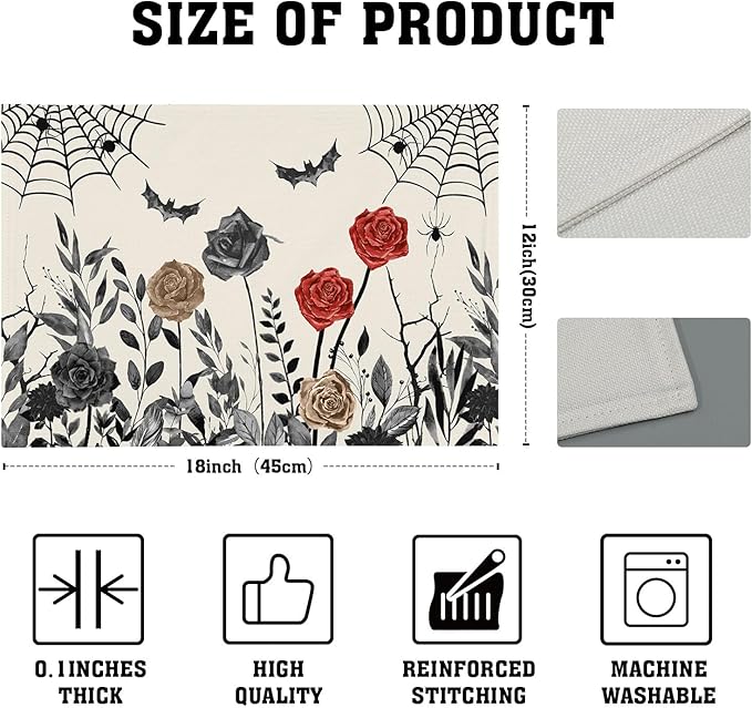 Halloween Placemats Set of 4 12x18 Inch Vintage Black Floral Bat Spider Web Washable Non-Slip Heat Resistant Place Mats Rustic Table Mats for Party Kitchen Dining Room Decor