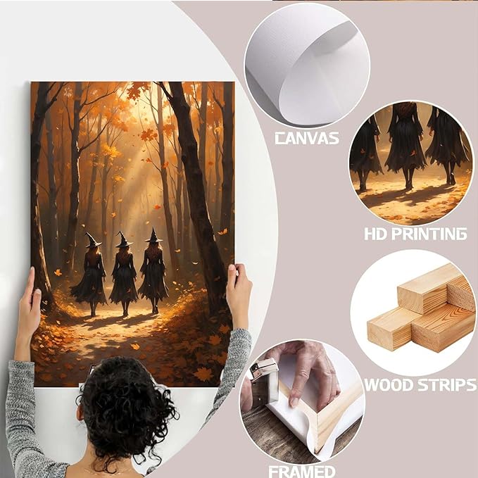 Three witches walking in the forest in autumn canvas painting gothic poster halloween print country witch wall art for home decoration16x24in Wood Framed
