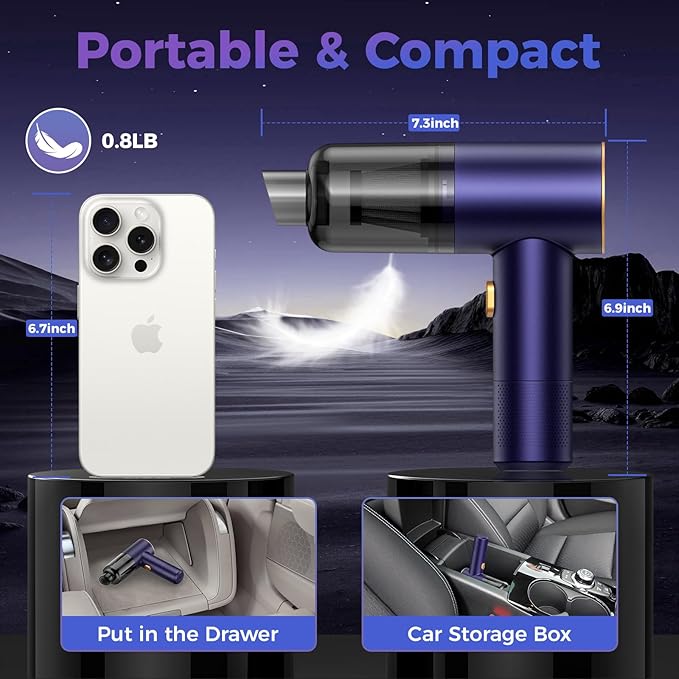 Handheld Car Vacuum Portable Cordless,18000PA High Power Vacuum Cleaner with Brushless Motor,7 in 1 Mini Hand Held Vacuum Rechargeable AirDuster/Blower for Car,Home,Office,Pet