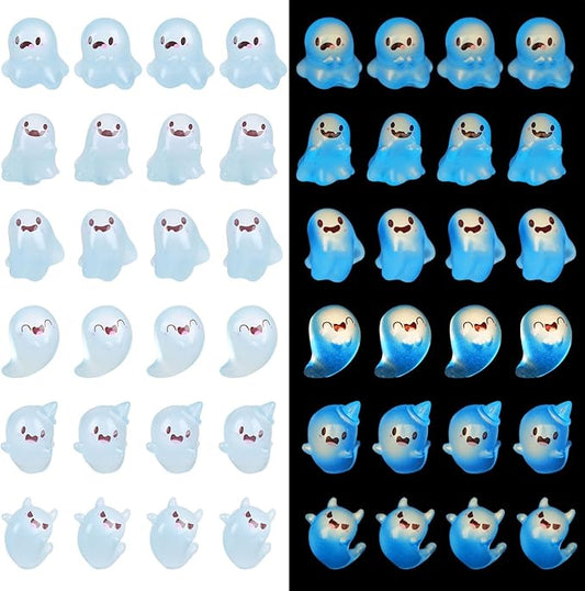 KIMOBER 24PCS Mini Luminous Ghost Miniature Figurines,Assorted Spooky Glow in Dark Resin Ghost Tiny Elf Figures for Fairy Garden Micro Landscape Decor Cake Topper Halloween(Assorted Ghost)