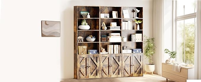 Tall Brown Wooden Bookshelf with Cabinet and Doors – 70.86" Bookcase with Doors, 6 Shelf Freestanding Tall Book Shelf for Living Room Storage, Bedroom, Home Office Organization – Brown Bookcase Wood