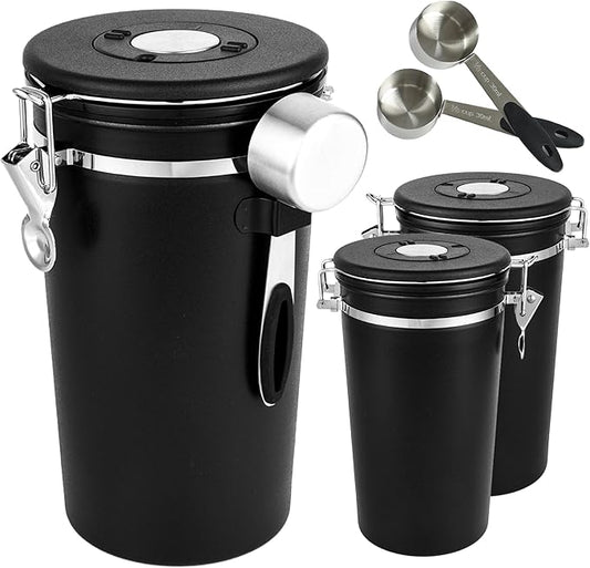 malmo Coffee Canister Set of 3, Airtight Coffee Container with Date Tracker Lid, Stainless Steel Canister for Kitchen Food Storage (Black, 180oz)