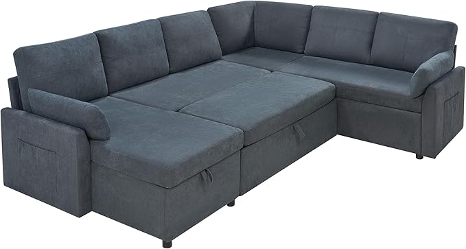 VanAcc Pull Out Sofa, 112 Inch Oversized U Shape Sleeper Sofa Couch with Storage Chaise & 3 Seater, Comfy Couch with Pull Out Bed for Living Room, Grey Linen