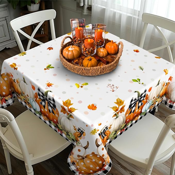 Fall Pumpkin Tablecloth Thanksgiving Autumn Buffalo Plaid Table Cloth 60"x60", Waterproof and Reusable Table Cover for Fall Harvest Party Decoration