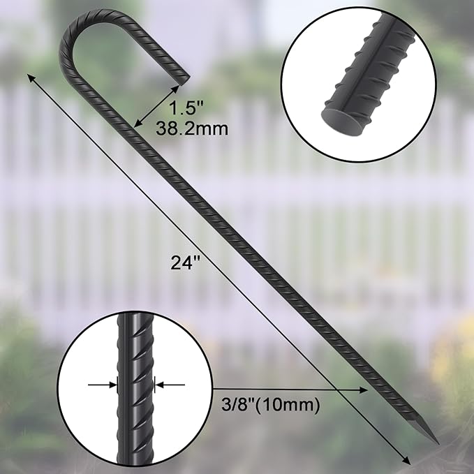 24 Pack J Hook Rebar Stakes 24 Inch 3/8 Inch Diameter Metal Stakes for Ground Heavy Duty with Chisel Point End Chain Link Fence Stakes for Swing Set, Gazebo and Bounce House, Black