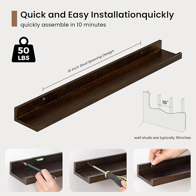 Picture Ledge Shelf, Solid Pine Wood Floating Shelves Set of 2, 24 Inches Nursery Book Shelves for Toys Storage, Kids Bookshelf Wall Mounted for Living Room Bedroom Decor Books Photo Frames, Walnut