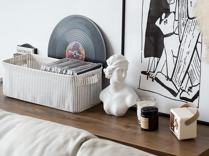 StorageWorks Narrow Storage Bins, Small Basket for Closet and Shelves, Fabric Organizer with Handles, Toilet Paper Storage, Gray and White Stripes, 2-Pack