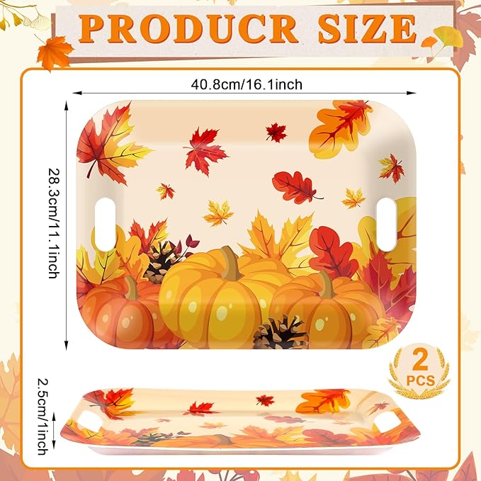 gisgfim 2Pcs Thanksgiving Day Fall Serving Tray 16.1 X 11.1 Inch Large Melamine Trays Platters with Handles Fall Pumpkin Leaves Food Trays Turkey Serving Dishes Snacks Dessert Plates Party Decorations