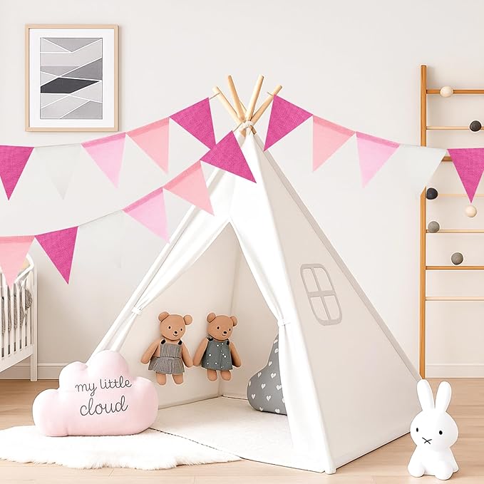 G2PLUS Pre-Strung Burlap Pennant Banners, 39Ft Pink Fabric Triangle Flag Bunting, 36Pcs Pennant Banner Flags Garland for Birthday, Wedding, Baby Shower, Holiday Party Decorations