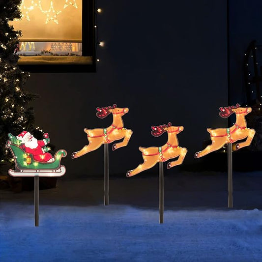 Christmas Silhouette Outdoor Pathway Lights Set of 4 Battery Powered Pre-Lit 30 LEDs Double Sided Christmas Reindeer & Sled Vintage Holiday Outdoor Display Decor for Garden, Patio,Yard, Lawn