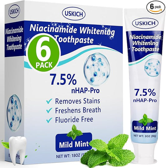 7.5% Nano Hydroxyapatite Toothpaste,6 Pack Fresh Breath Toothpaste for Remineralizing Enamel & Sensitive Relief,Whitening,Antiplaque,Natural Peppermint,Fluoride-Free