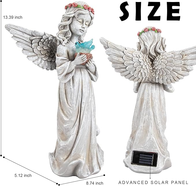 Angel Garden Statue Outdoor Decor, Angel Garden Figurine Hold Dove with Solar Lights Waterproof Resin Yard Art Decoration Lawn Ornament Sculpture for Outside Patio Yard Gift