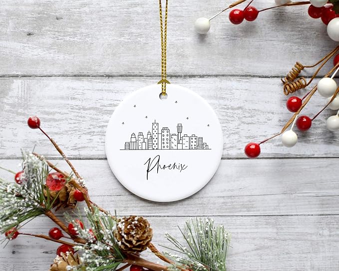 Andaz Press Round Ceramic Porcelain Christmas Tree Ornament Keepsake, Phoenix Black and White Stars City Skyline Graphic, 1-Pack, Birthday Gift Idea for Family Coworker Him Her, Includes Gift Box