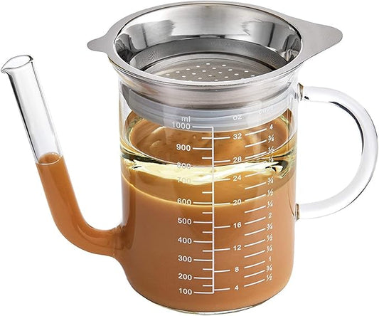 HIC Kitchen Roasting Fat Separator With Gravy Strainer, Borosilicate Glass 18/8 Stainless Steel, and Silicone, Holds 32-Ounces
