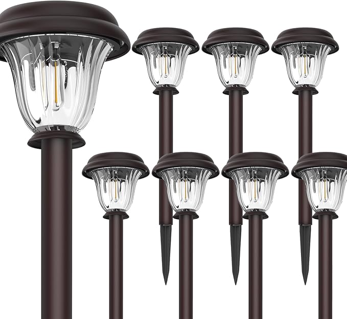 DERAYSION 8 Pack Solar Lights Outdoor, Stainless Steel Glass Solar Pathway Lights, Auto On/Off Long-Lasting Waterproof Landscape Lighting for Garden, Landscape, Path, Yard, Warkway (Warm White)