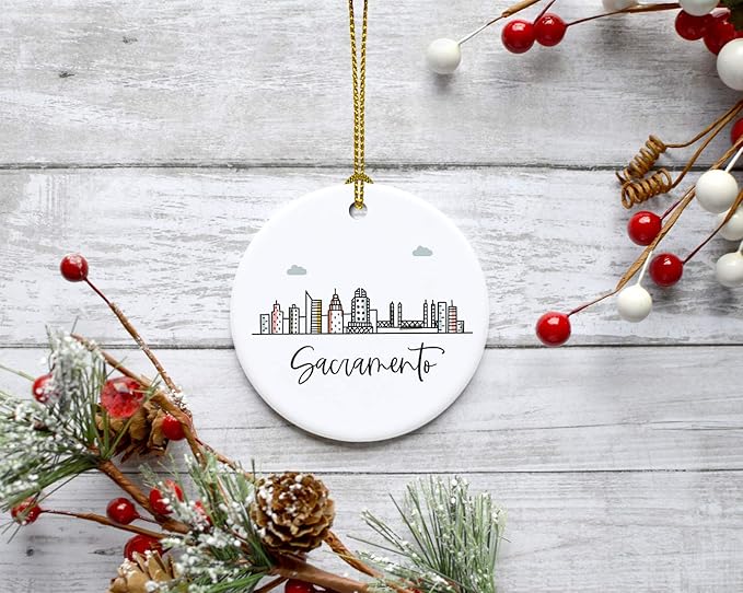 Andaz Press Round Ceramic Porcelain Christmas Tree Ornament Keepsake Gift, Sacramento, Colorful City Skyline Graphic, 1-Pack, Birthday Ideas Family Coworker Him Her, Includes Gift Box