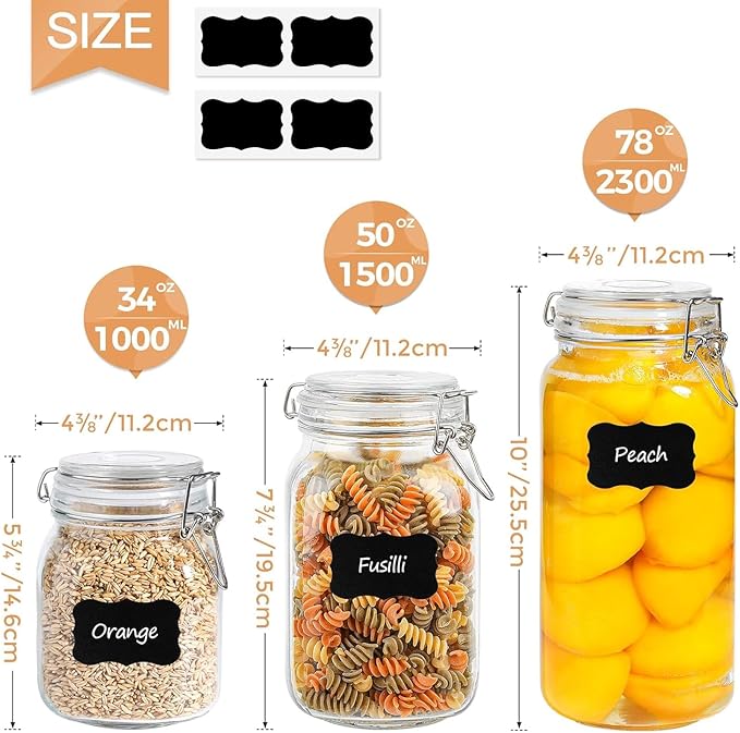 ComSaf Airtight Glass Canister Set of 3 with Lids 34oz Food Storage Jar Square - Storage Container with Clear Preserving Seal Wire Clip Fastening for Kitchen Canning Cereal,Pasta,Sugar,Beans,Spice