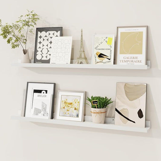 Picture Ledge Shelf, Solid Pine Wood Floating Shelves Set of 2, 32 Inches Nursery Book Shelves for Toys Storage, Kids Bookshelf Wall Mounted for Living Room Bedroom Decor Books Photo Frames, White