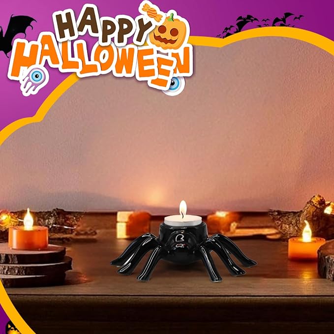 Halloween Ceramic Black Spider Candlestick Holder, Decorative Spooky Candle Stick Holder for Candles, Unique Halloween Decor Gift for Home Decoration