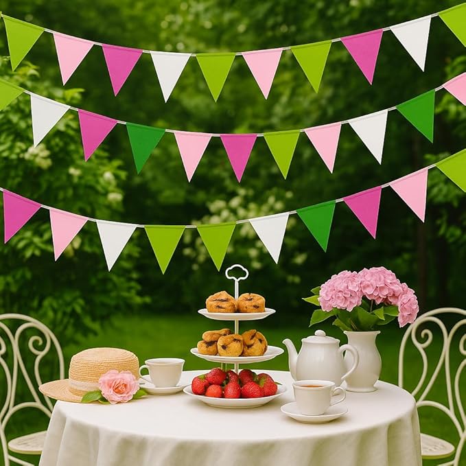 G2PLUS Pre-Strung Burlap Pennant Banners, 39Ft Pink and Green Fabric Triangle Flag Bunting, 36Pcs Pennant Banner Flags Garland for Birthday, Holidays and Theme Party Decorations