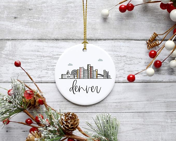 Andaz Press Round Ceramic Porcelain Christmas Tree Ornament Keepsake, Denver, Colorful City Skyline Graphic, 1-Pack, Birthday Gift Ideas Family Coworker Him Her, Includes Gift Box