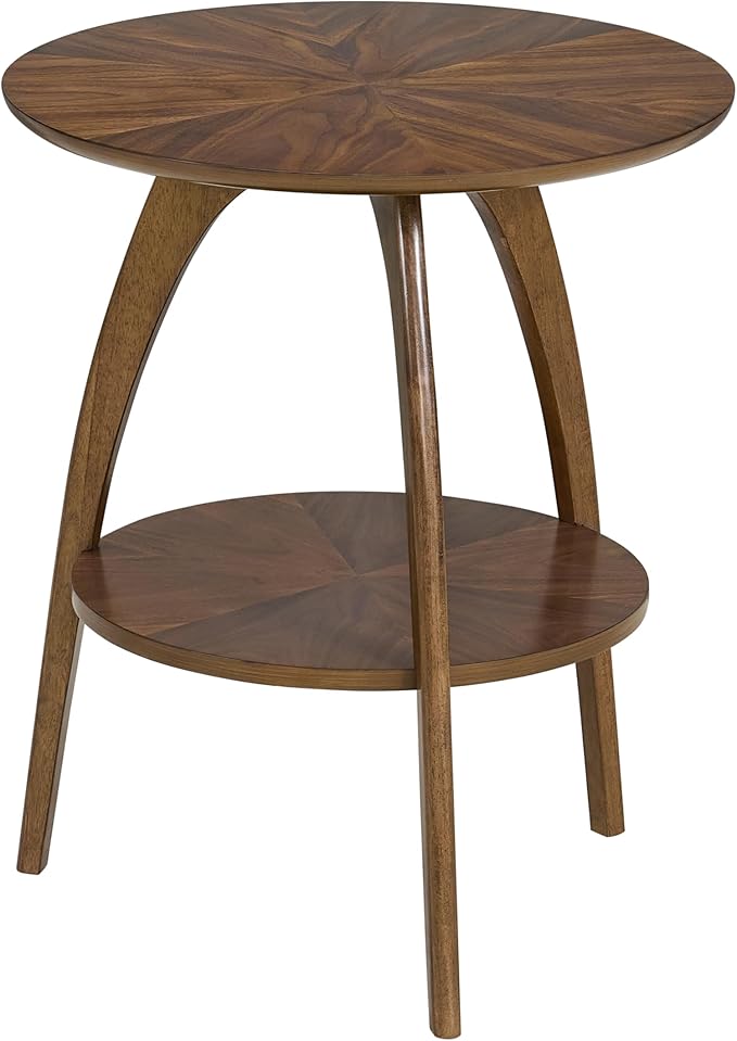 Martin Svensson Home Round Wood Walnut Brown 20" Living Room End Side Accent Table Nightstand with Storage Shelf