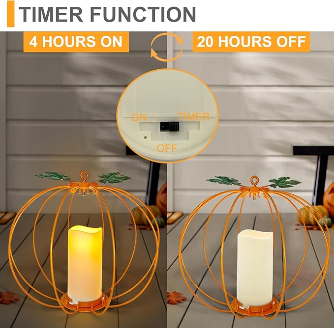 Halloween Light Up Pumpkin Lantern, 3 Pcs Metal Orange Pumpkin Candle Holders with Timer Flickering Yellow LED Candle Lights for Thanksgiving Halloween Harvest Fall Home Decor