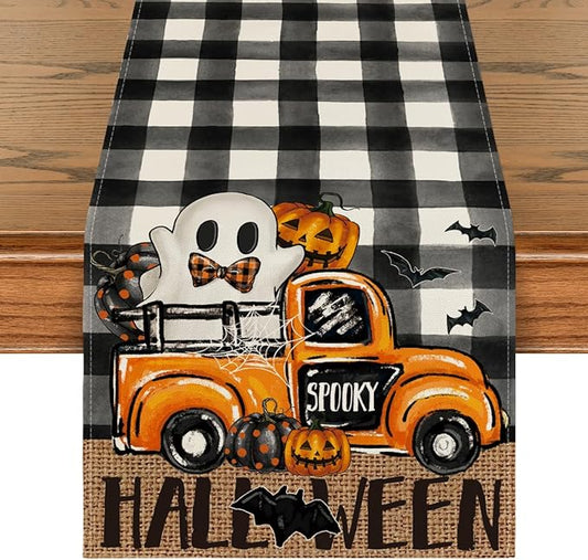 Artoid Mode Buffalo Plaid Bat Pumpkin Ghost Truck Spooky Halloween Table Runner, Sensonal Kitchen Dining Table Decoration for Home Party Decor 13x36 Inch