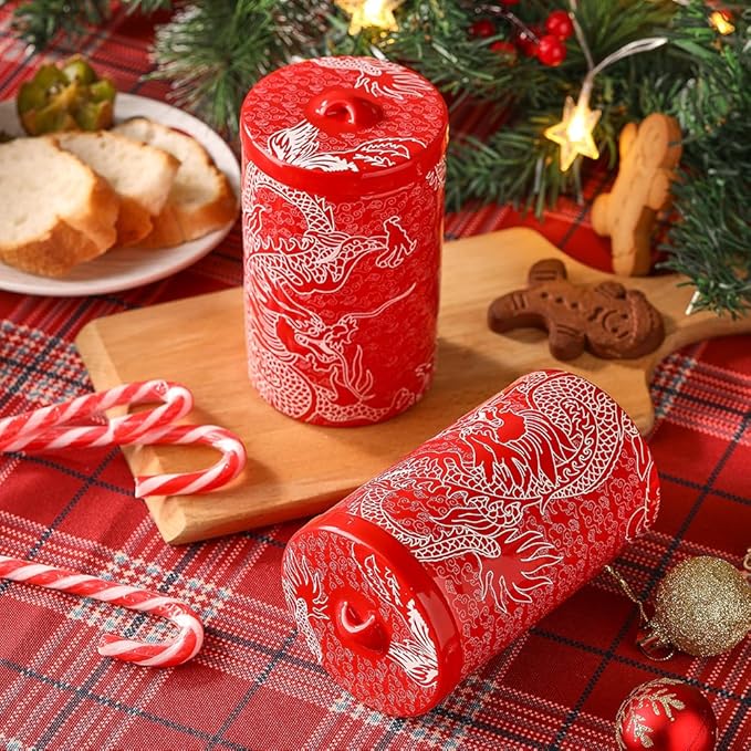 Porlien Chinese Dragon Porcelain 15-ounce Canisters Set of 2, Food Storage Containers with Lid for Coffee Beans, Tea, Condiments & Nuts