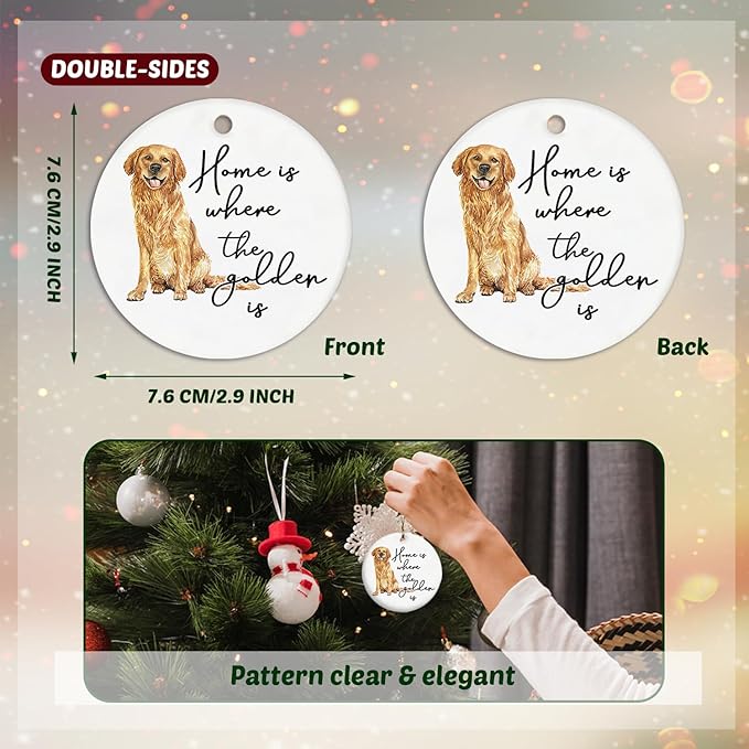 Golden Retriever Decor Gifts Ornament, Home is Where The Golden is Ceramic Christmas Ornament Keepsake Sign Plaque